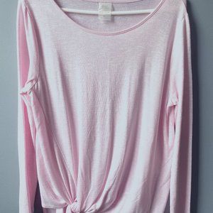 Pretty pink, lightweight, tie-front, knit top.
